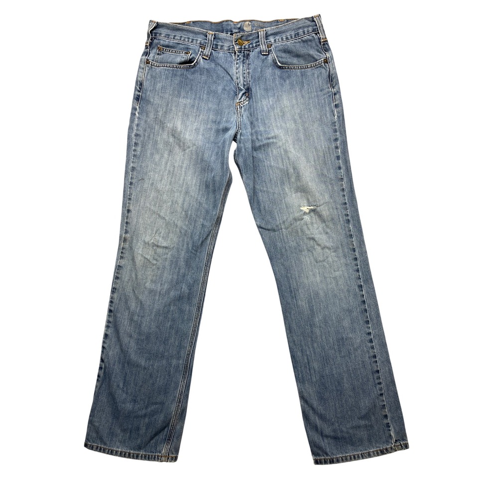 Carhartt Mens Relaxed Straight Leg Jeans 34x32 Blue Light Wash Denim Work Pants